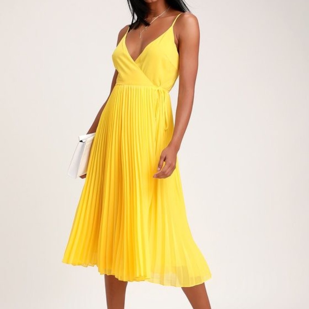 Lulus Yellow Pleated Wrap Dress
